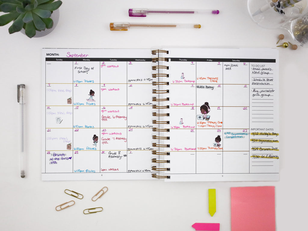 Calendar planner on a desk with office supplies
