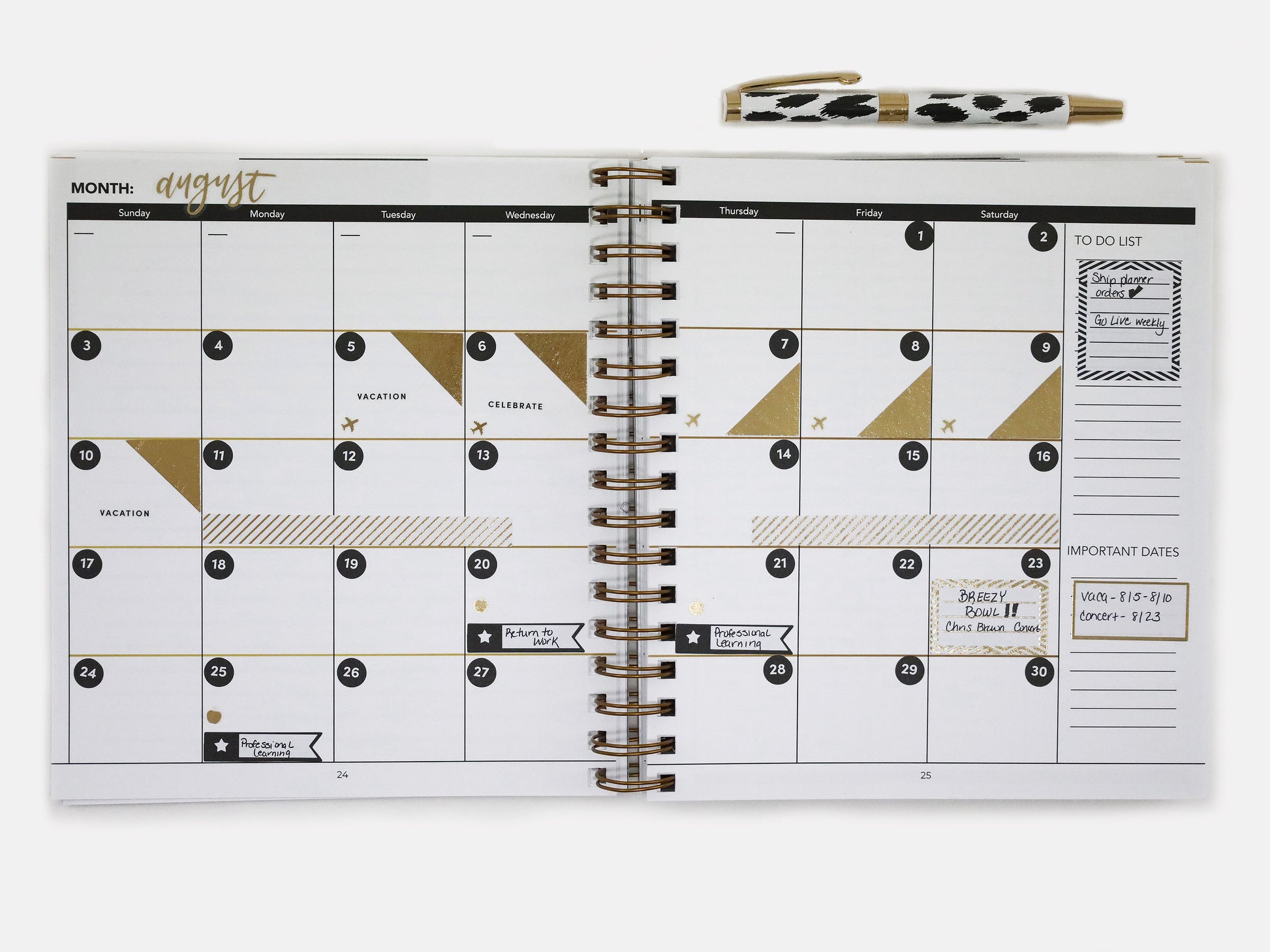 Spiral-bound planner with a calendar layout on a white background