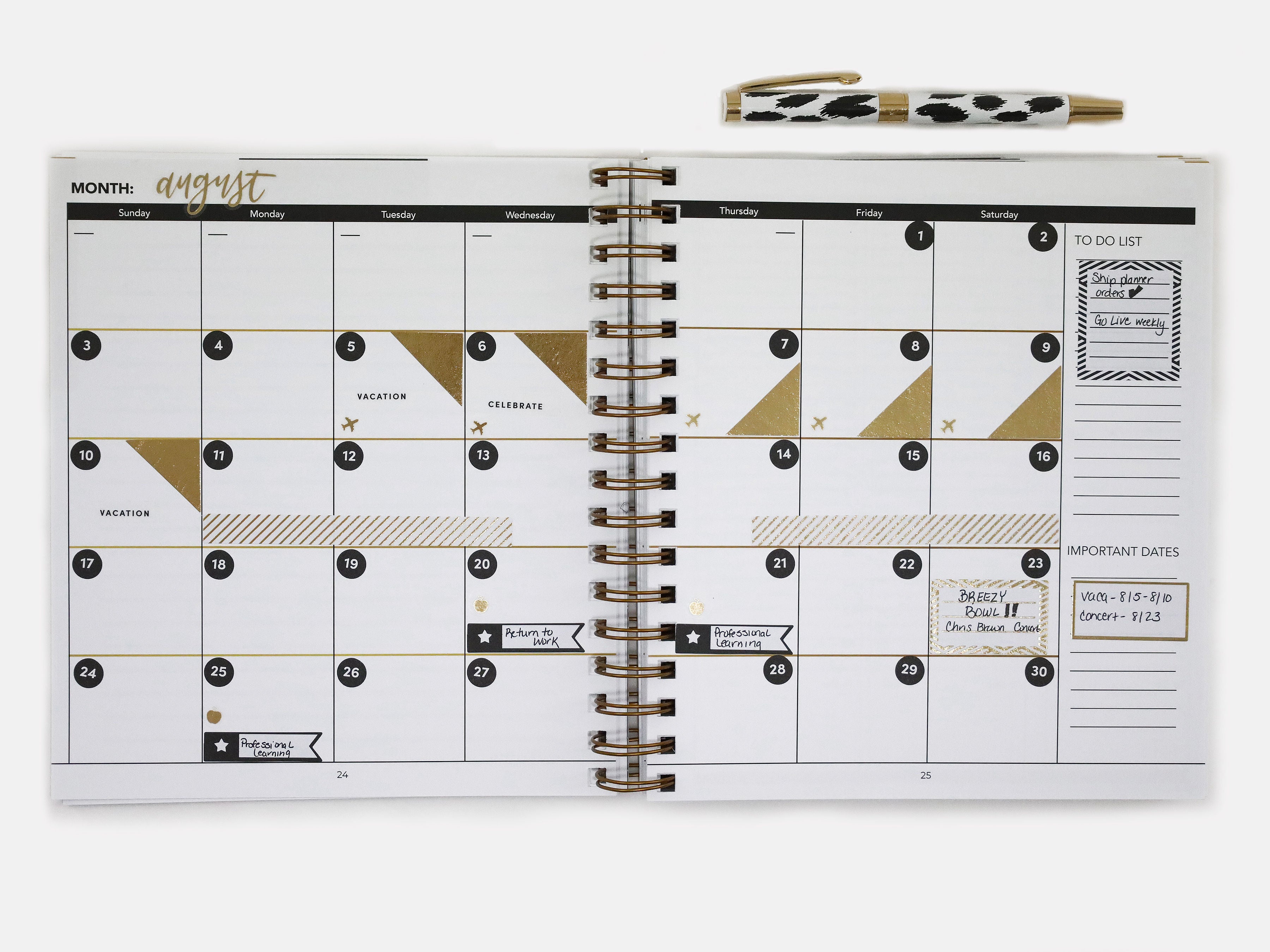 Spiral-bound planner with a calendar layout on a white background